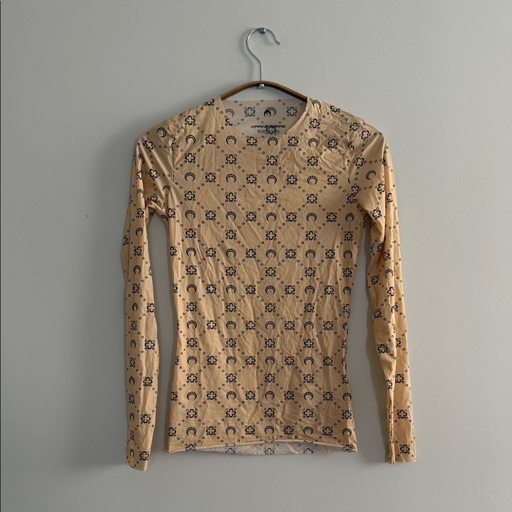 Marine Serre Beige Long Sleeve Crewneck Top with Black Crescent & Floral Print